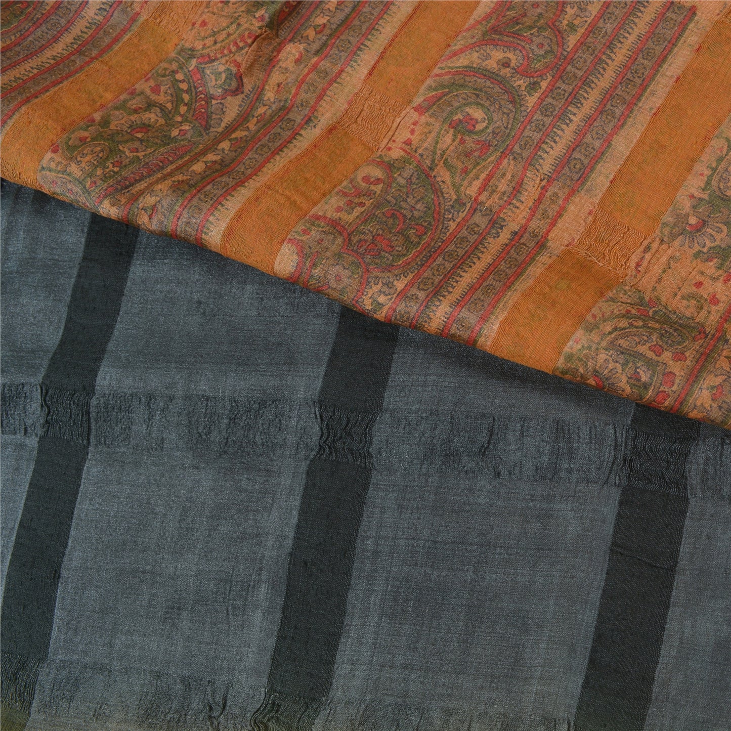 Sanskriti Vintage Grey Sarees Pure Silk Block Printed Woven Premium Sari Sustainable Fabric