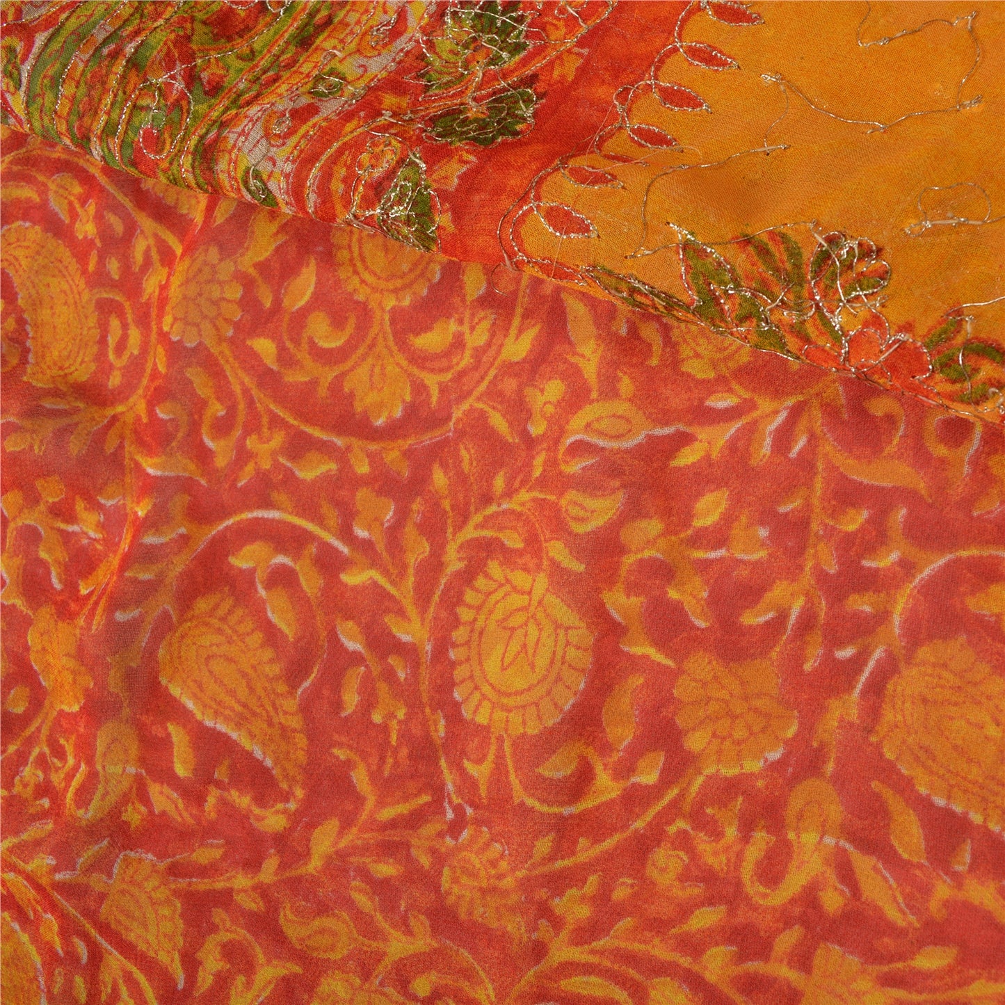 Sanskriti Vintage Pure Georgette Silk Sari: Hand-Beaded Orange Yellow Bollywood Fabric Indian Heritage Textile Craft Supplies Material,
