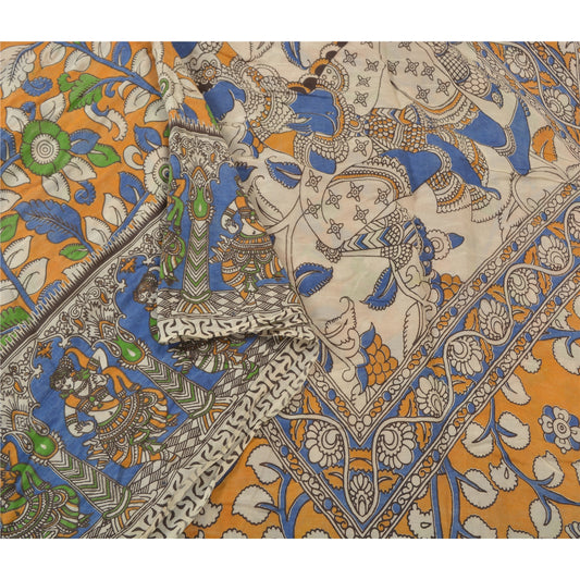 Sanskriti Vintage Saffron Sarees Cotton Silk Handmade Kalamkari Sari Sustainable Fabric