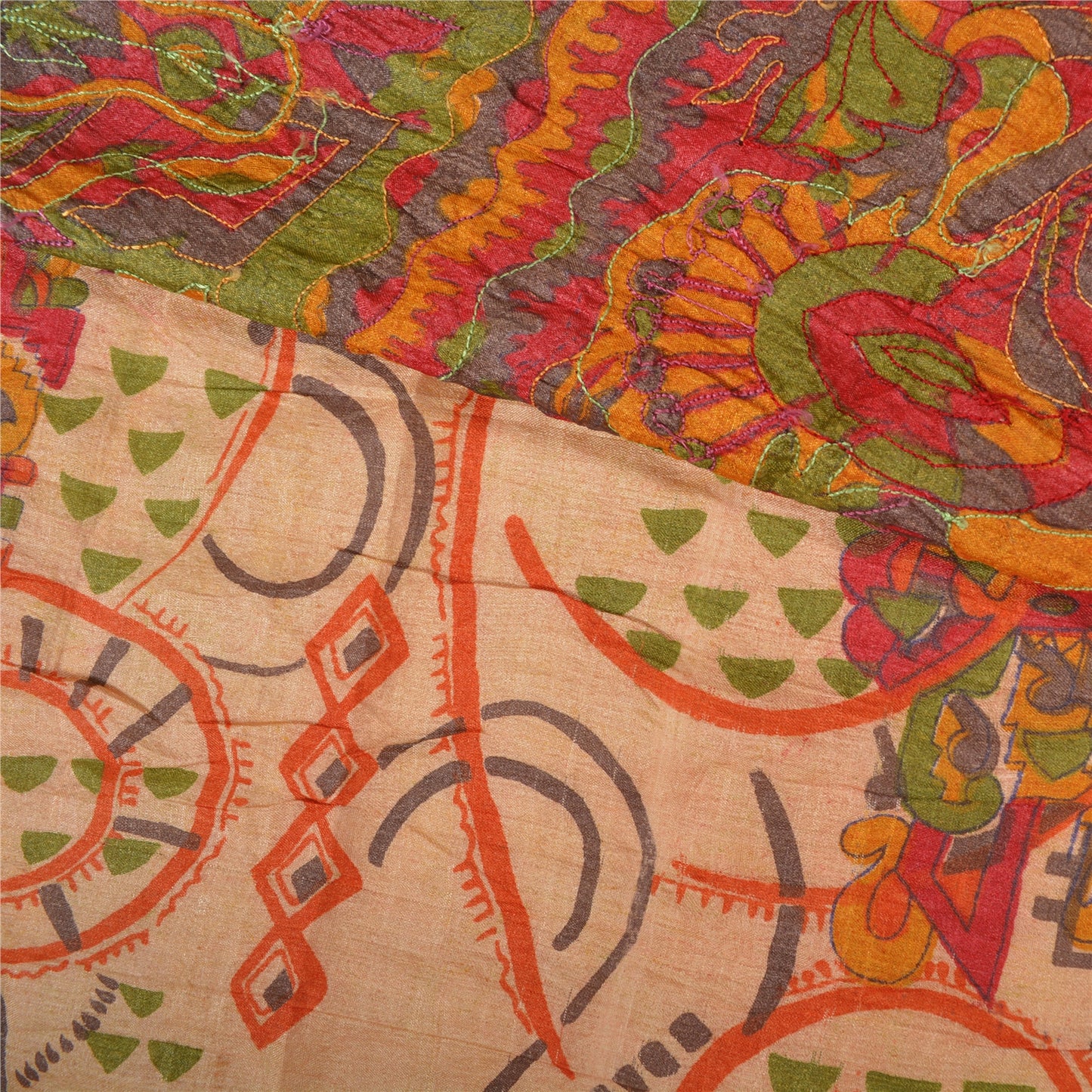 Sanskriti Vintage Beige Sarees 100% Pure Silk Hand Beaded Sari Craft Sustainable Fabric