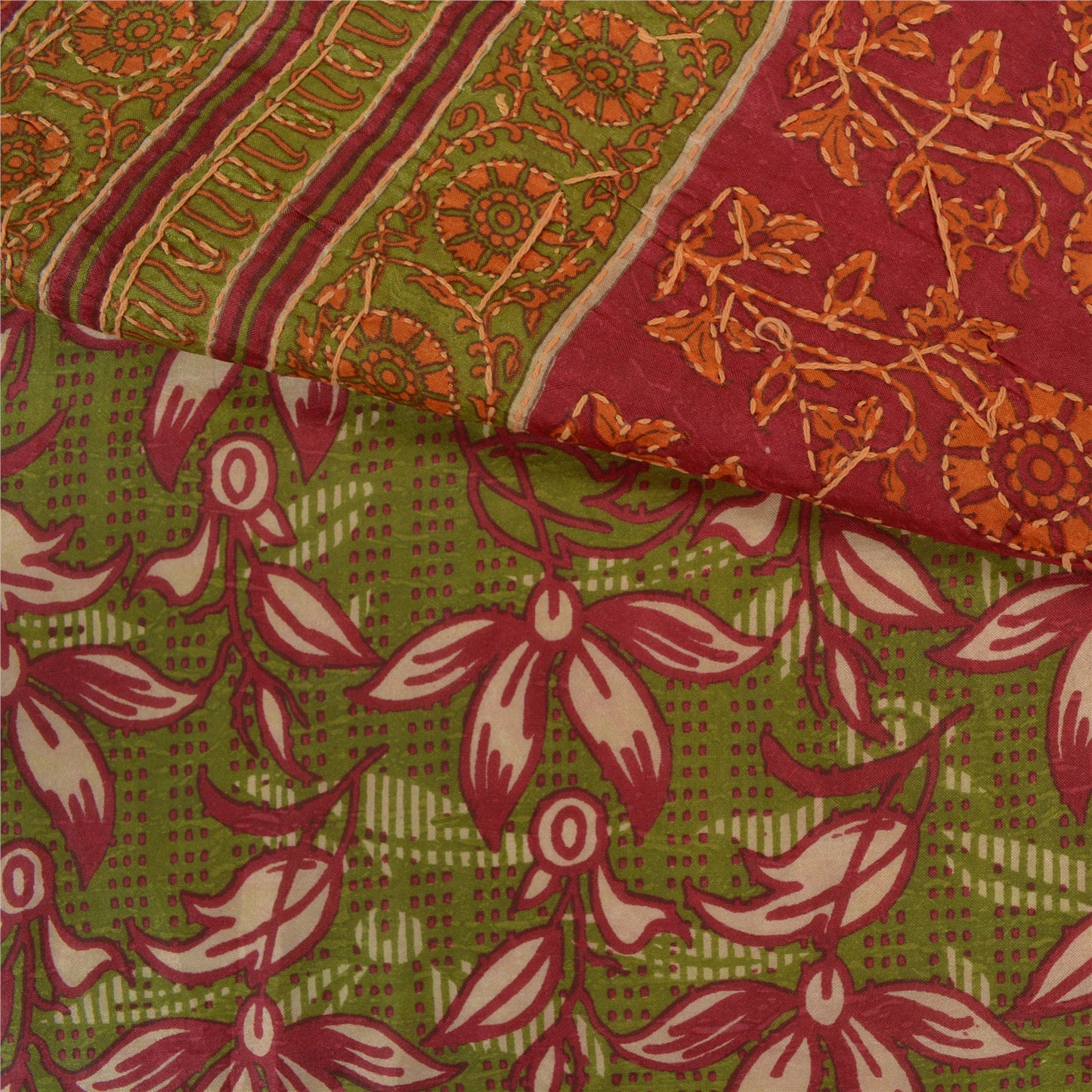 Sanskriti Vintage Dark Red Sarees 100% Pure Silk Hand Beaded Kantha Sari Sustainable Fabric