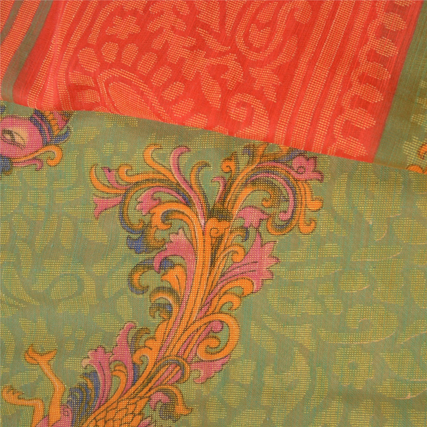 Sanskriti Vintage Green Indian Sarees Art Silk Woven Printed Sari Craft Sustainable Fabric