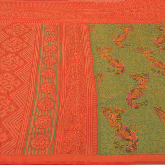 Sanskriti Vintage Green Indian Sarees Art Silk Woven Printed Sari Craft Sustainable Fabric