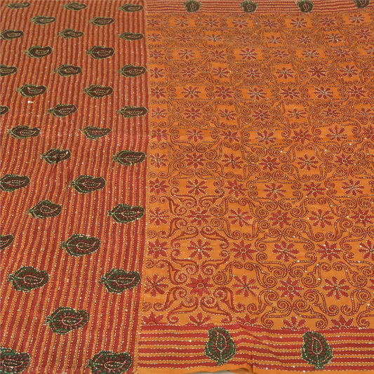 Sanskriti Vintage Saffron Sarees 100% Pure Silk Hand Beaded Kantha Sari Sustainable Fabric