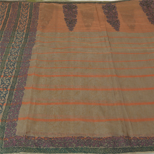 Sanskriti Vintage Brown Sarees Pure Silk Embroidered Block Printed Sari Sustainable Fabric