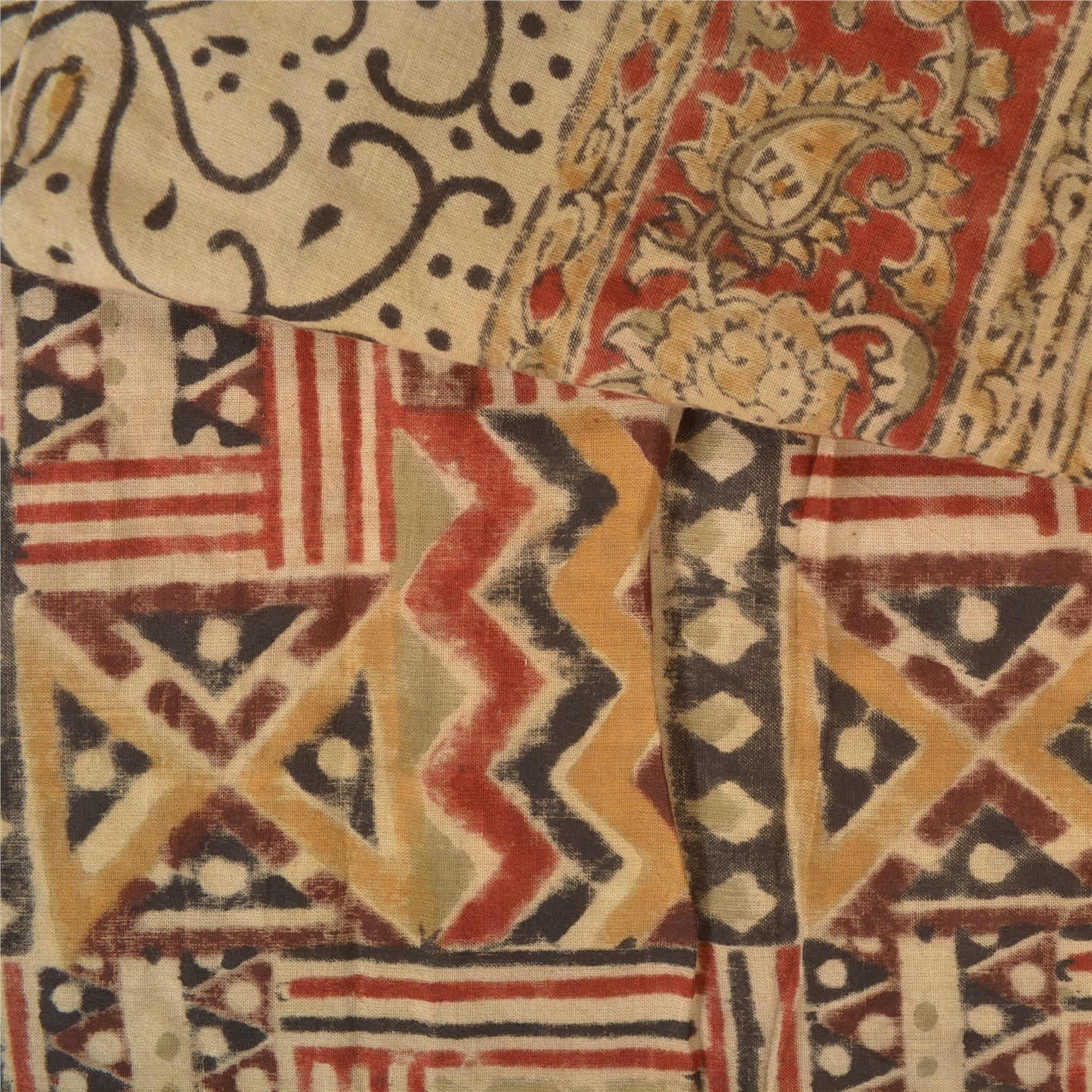 Sanskriti Vintage Sarees Red Hand Block Kalamkari Pure Cotton Sari Craft Sustainable Fabric