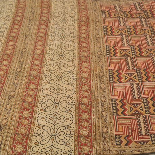 Sanskriti Vintage Sarees Red Hand Block Kalamkari Pure Cotton Sari Craft Sustainable Fabric