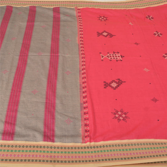 Sanskriti Vintage Pink Sarees Blend Cotton Hand Embroidered Sindhi Sari Sustainable Fabric