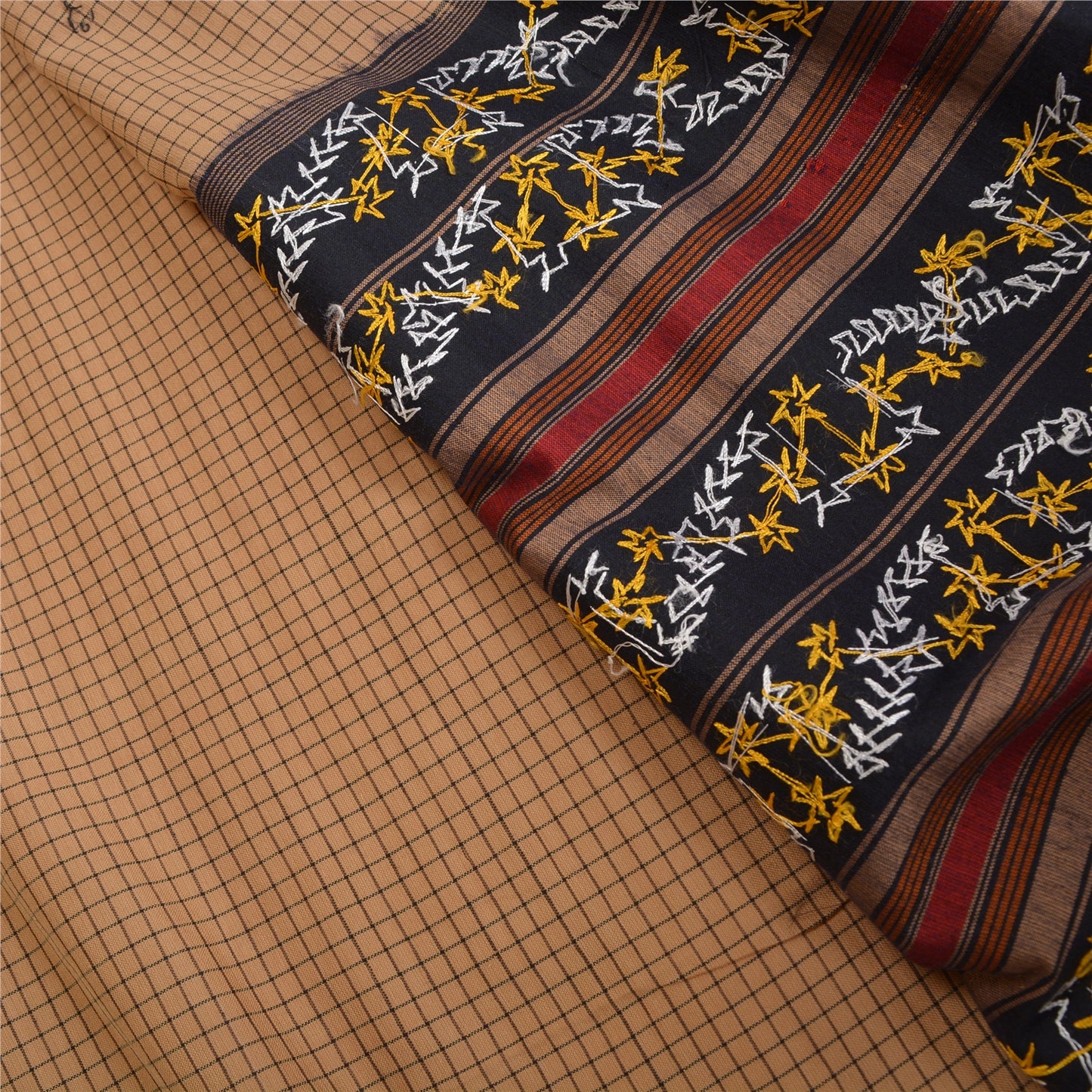 Санскрити Винтаж Коричневые Сари Смесовый Хлопок Ручной Работы Бисером Премиум Сари Экологичная Ткань