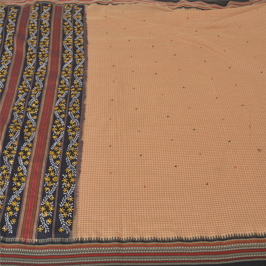 Sanskriti Vintage Brown Sarees Blend Cotton Hand Beaded Premium Sari Sustainable Fabric