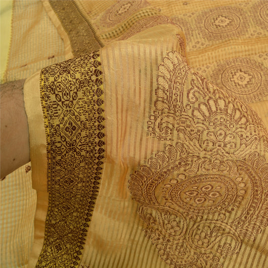 Sanskriti Vintage Cream Indian Sarees Cotton Woven Kota Doria Sari 5 Yard Sustainable Fabric
