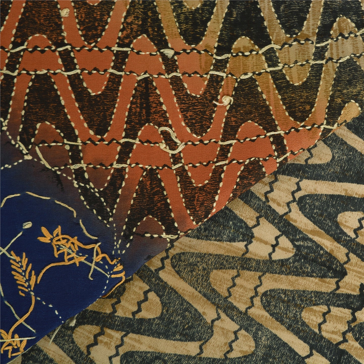 Sanskriti Vintage Blue Sarees Pure Crepe Silk Hand Beaded Kantha Sari Sustainable Fabric