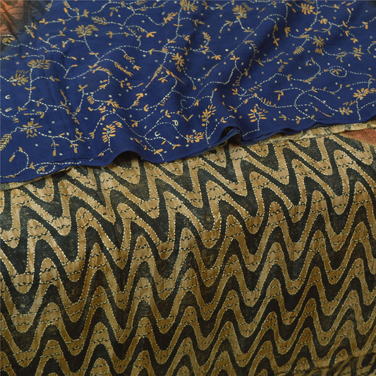 Sanskriti Vintage Blue Sarees Pure Crepe Silk Hand Beaded Kantha Sari Sustainable Fabric