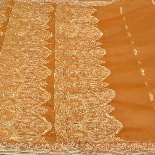 Sanskriti Vintage Saffron Sarees Blend Silk Hand Beaded Woven Ethnic Sari Sustainable Fabric