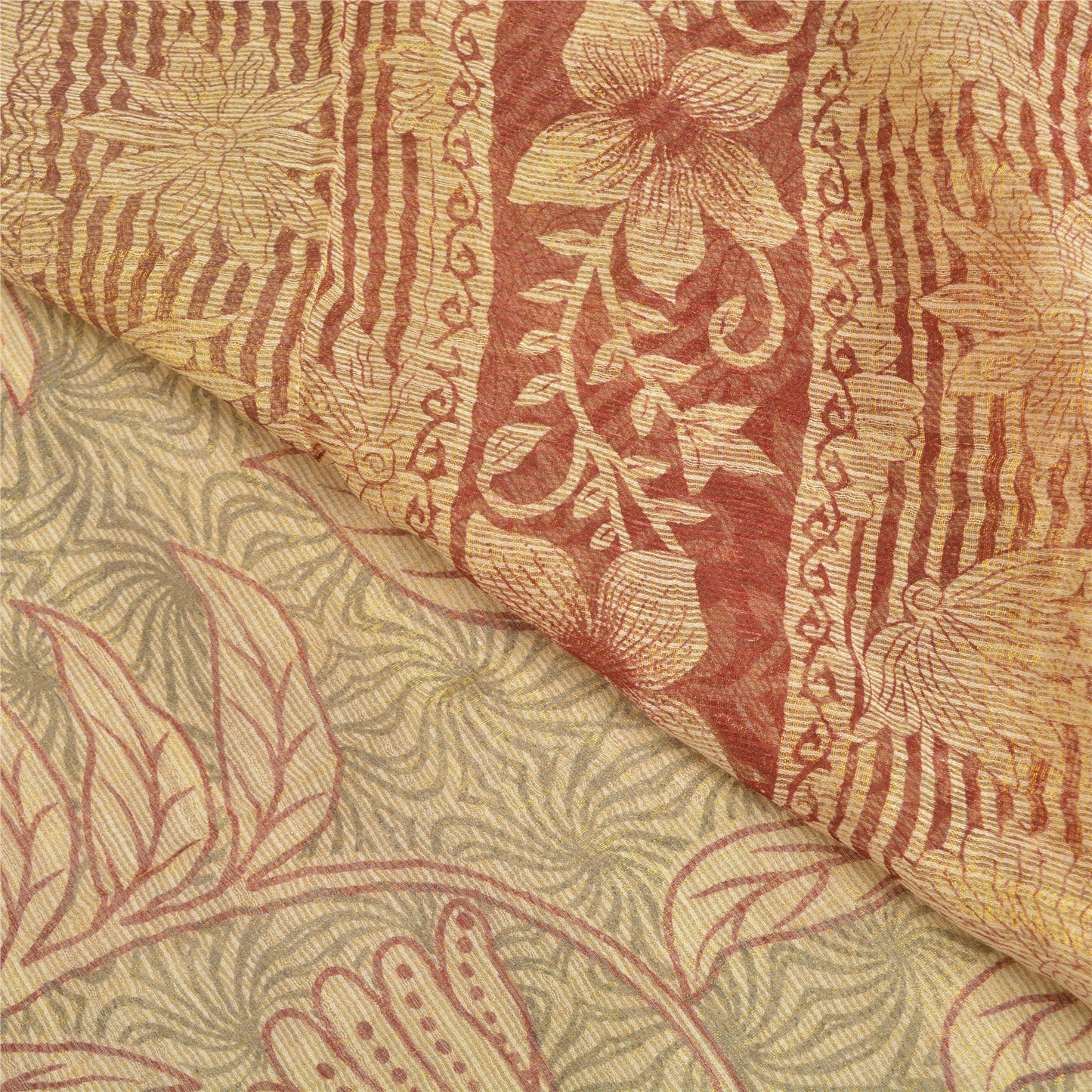 Sanskriti Vintage Cream Sarees 100% Pure Silk Printed Woven Sari Craft Sustainable Fabric