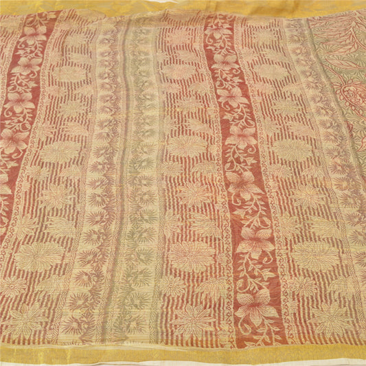Sanskriti Vintage Cream Sarees 100% Pure Silk Printed Woven Sari Craft Sustainable Fabric