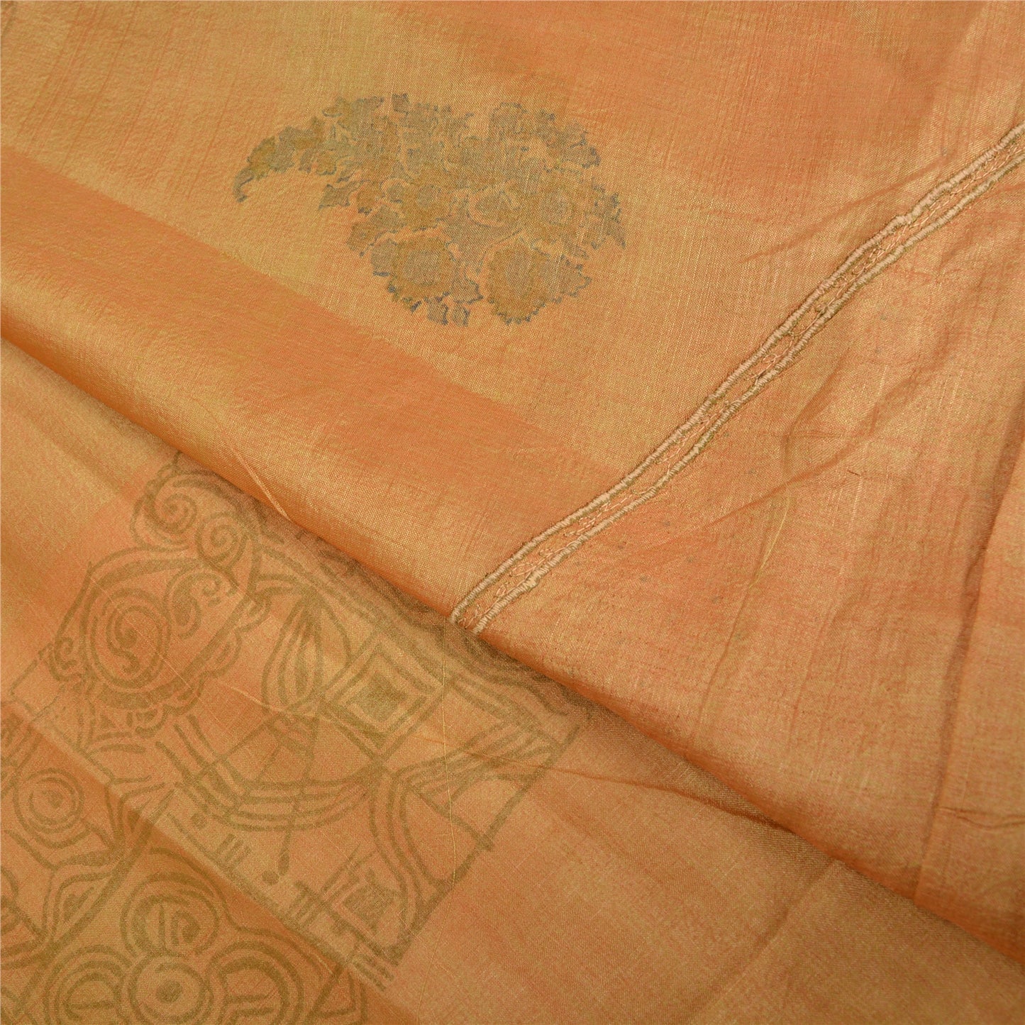 Sanskriti Vintage Peach Sarees Pure Silk Embroidered Block Printed Sari Sustainable Fabric