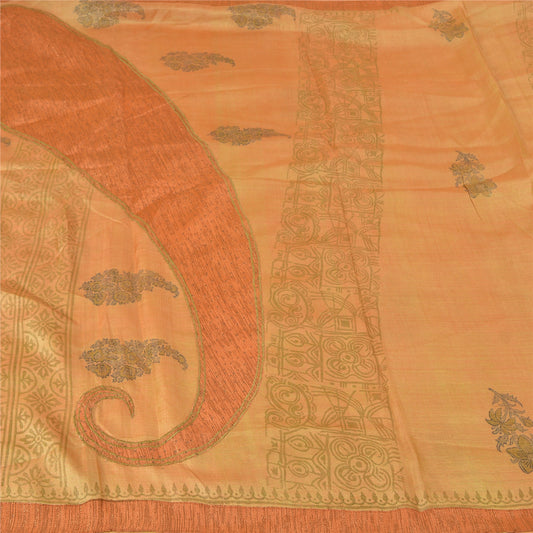 Sanskriti Vintage Peach Sarees Pure Silk Embroidered Block Printed Sari Sustainable Fabric