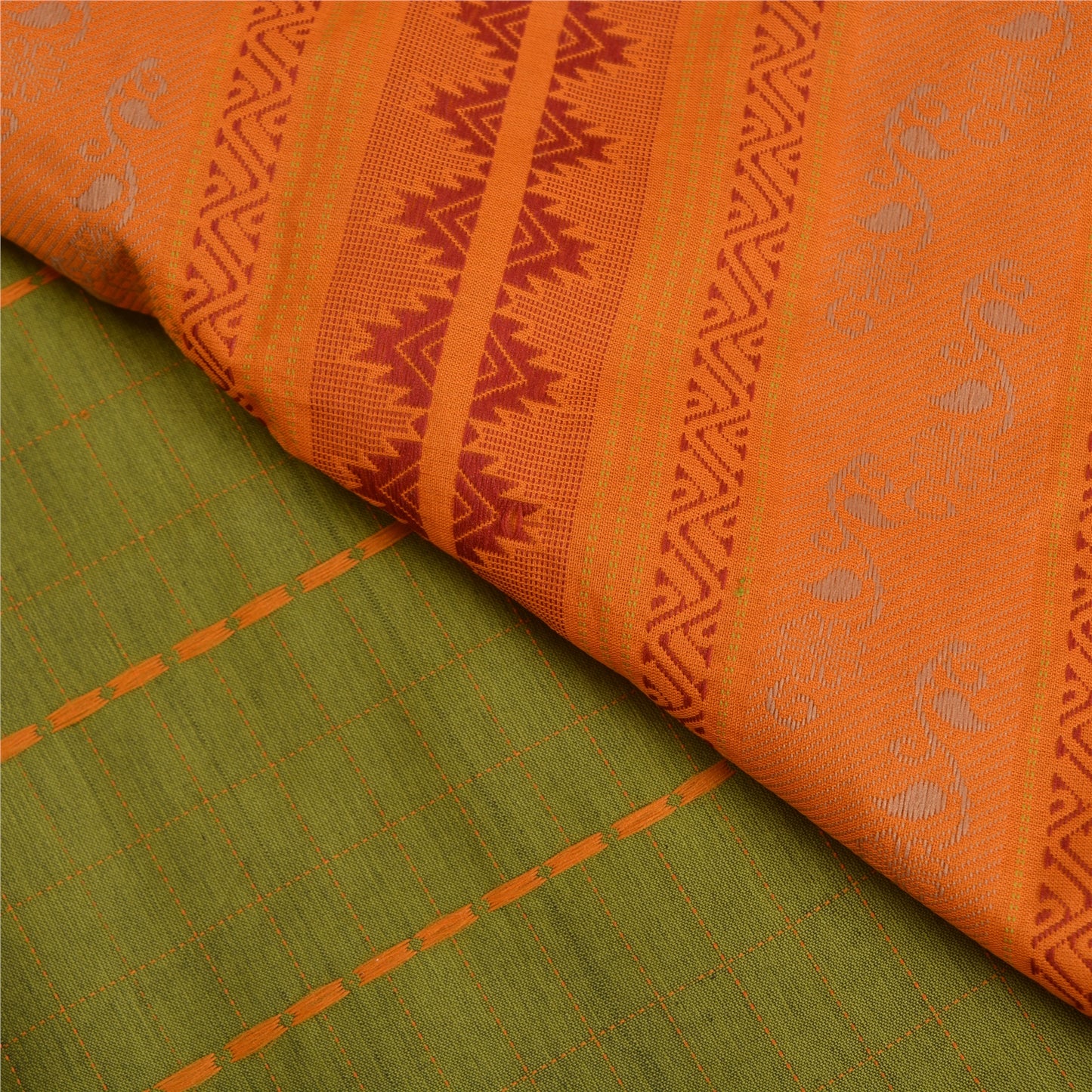 Sanskriti Vintage Green Sarees Blend Cotton Premium Sari Craft 5 Yard Sustainable Fabric