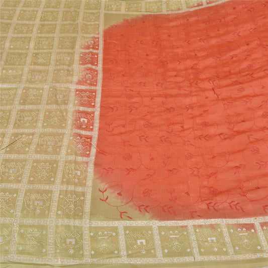 Санскритские винтажные коралловые/зеленые сари из чистого шелка с вышивкой, окрашенные сари из экологически чистой ткани