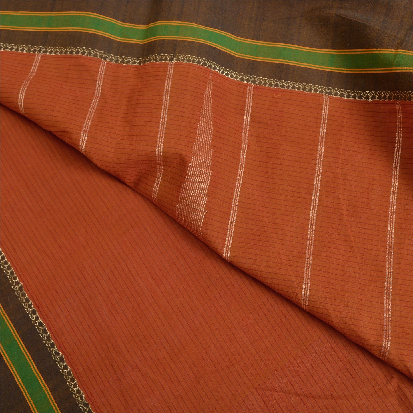 Sanskriti Vintage Saffron/Green Sarees Cotton Silk Woven Ilkal Sari 5 Yd Sustainable Fabric