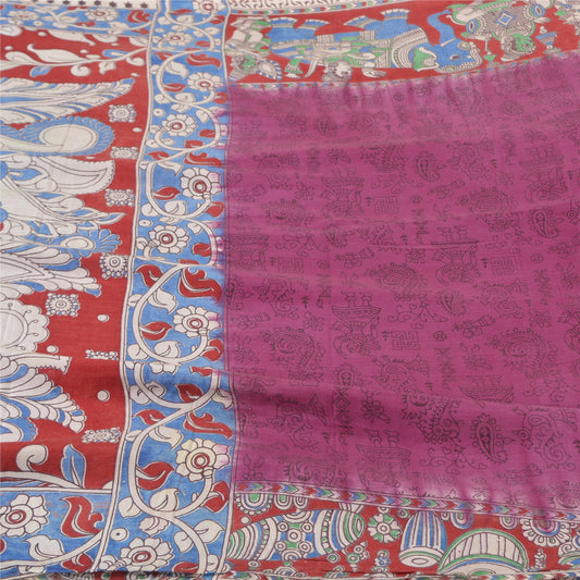 Sanskriti Vintage Purple/Blue Sarees Pure Cotton Handmade Kalamkari Sari Sustainable Fabric
