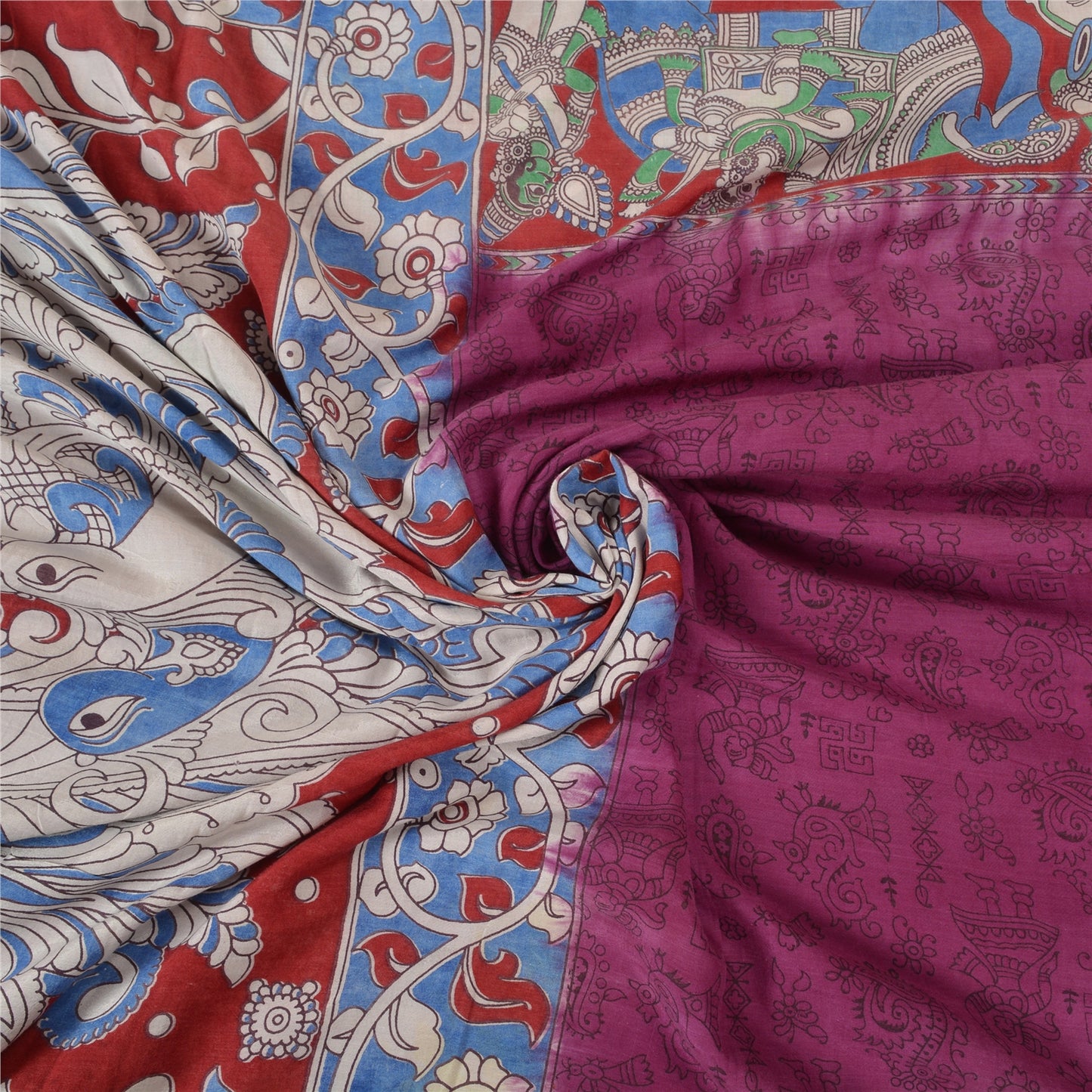 Sanskriti Vintage Purple/Blue Sarees Pure Cotton Handmade Kalamkari Sari Sustainable Fabric
