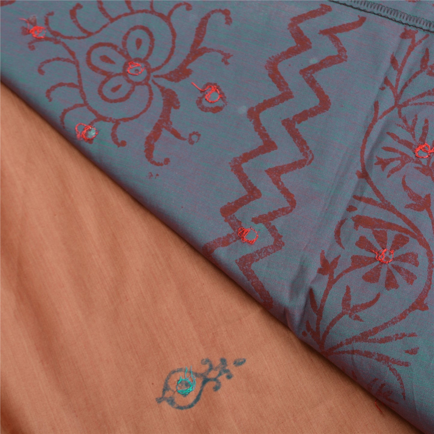 Sanskriti Vintage Peach/Blue Sarees Blend Silk Hand-Block Printed Sari Sustainable Fabric