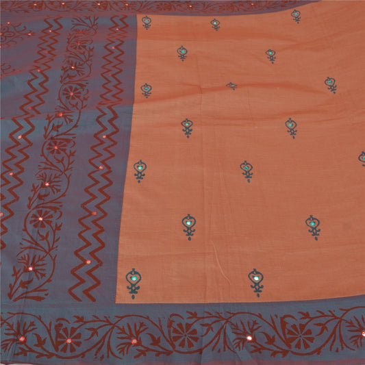 Sanskriti Vintage Peach/Blue Sarees Blend Silk Hand-Block Printed Sari Sustainable Fabric