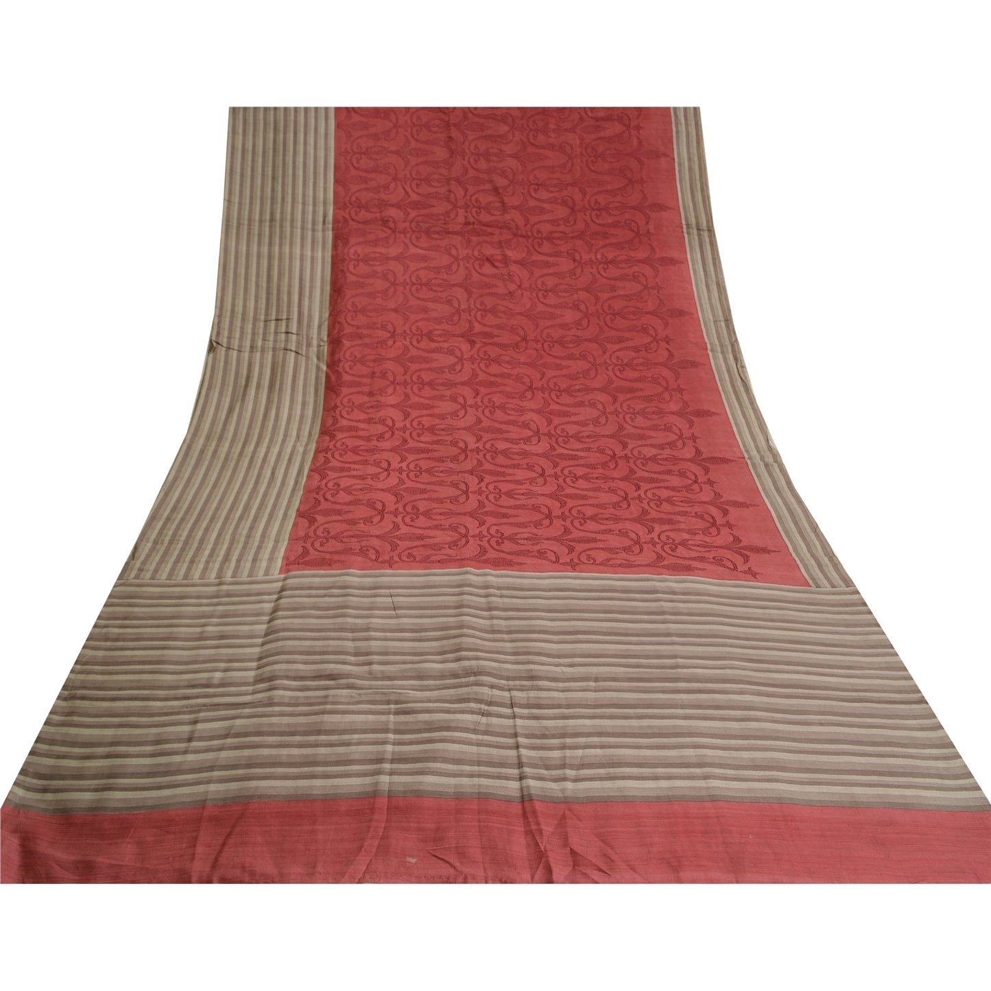Sanskriti Vintage Grey/Dark Red Sarees Pure Silk Printed Premium Sari Sustainable Fabric