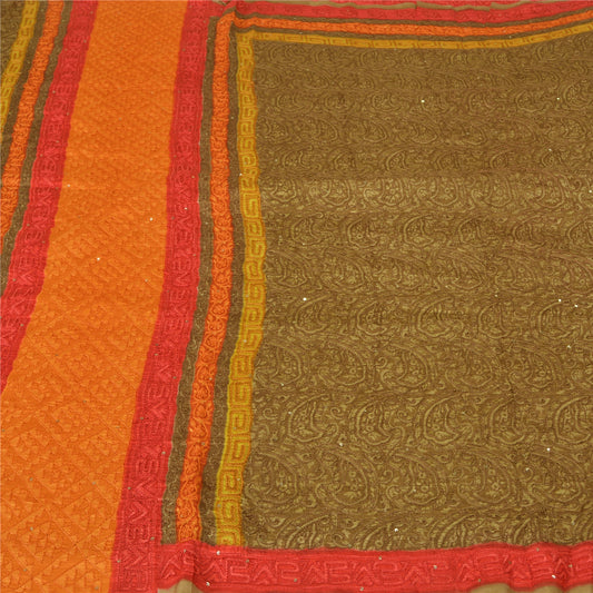 Sanskriti Vintage Green/Orange Sarees Pure Silk Hand Beaded Premium Sari Sustainable Fabric
