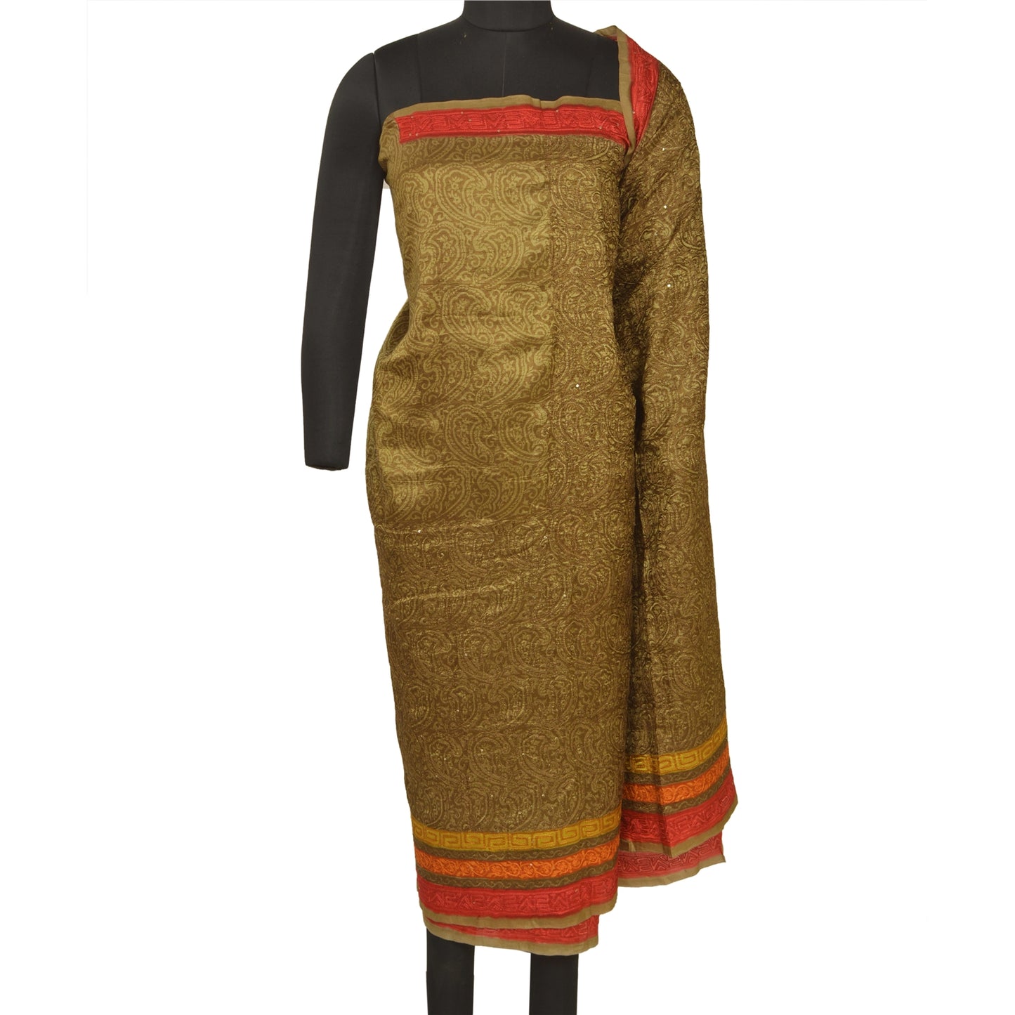 Sanskriti Vintage Green/Orange Sarees Pure Silk Hand Beaded Premium Sari Sustainable Fabric