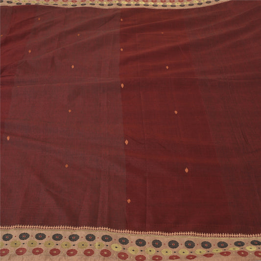 Sanskriti Vintage Dark Red Sarees Blend Cotton Hand-Woven Tant Sari 5 YD Sustainable Fabric