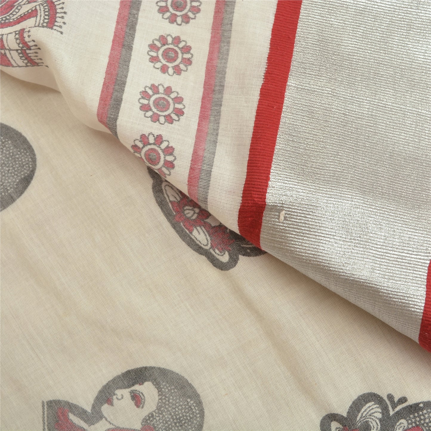 Sanskriti Vintage White Sarees Blend Cotton Hand-Block Print Buddha Sari Sustainable Fabric