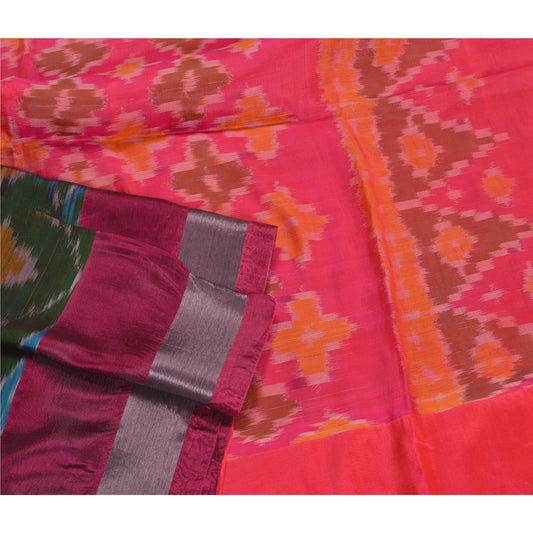 Sanskriti Vintage Pink/Grøn Sarees Sambalpuri Woven Ikat Art Silke Sari Bæredygtigt stof