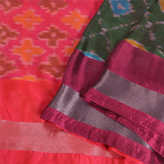 Sanskriti Vintage Pink/Green Sarees Sambalpuri Woven Ikat Art Silk Sari Sustainable Fabric