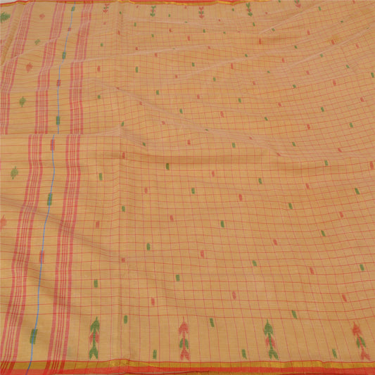 Sanskriti Vintage Cremefarvede Indiske Sarier Blandet Bomuld Håndvævet Tan Sari Bæredygtigt Stoff