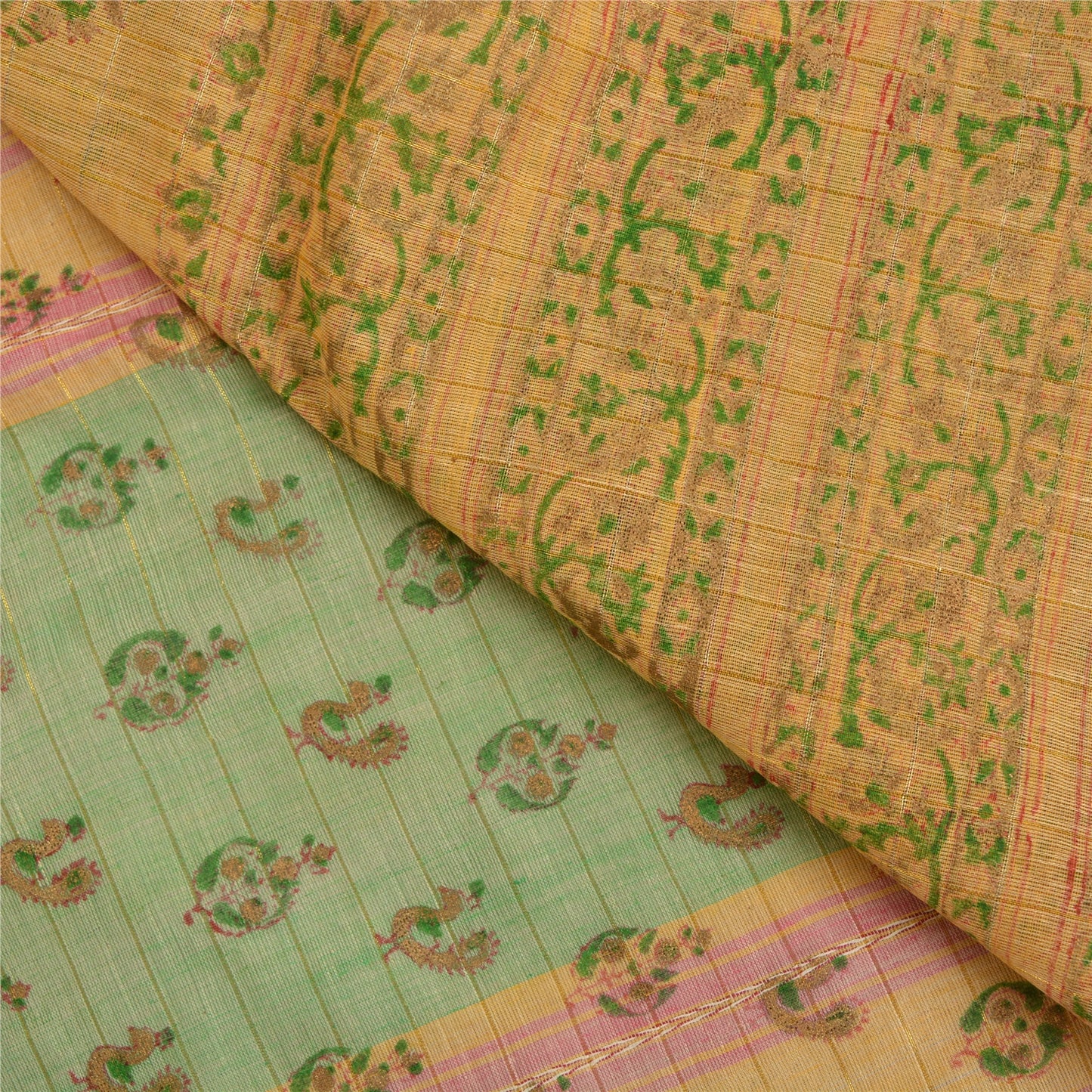 Sanskriti Vintage Cream Indian Sarees Pure Cotton Hand-Block Printed Sari Sustainable Fabric