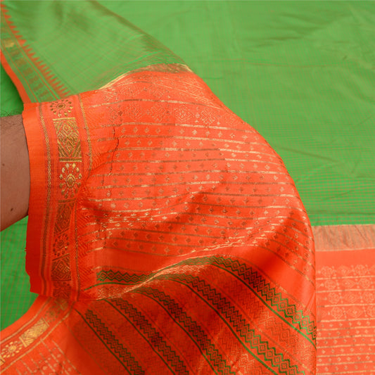 Sanskriti Vintage Green Sarees Pure Silk Woven Brocade Premium Sari Craft Sustainable Fabric