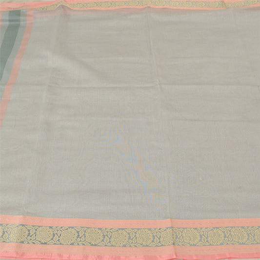 Sanskriti Vintage Cream Indian Sarees Blend Cotton Woven Zari Sari 5 YD Sustainable Fabric