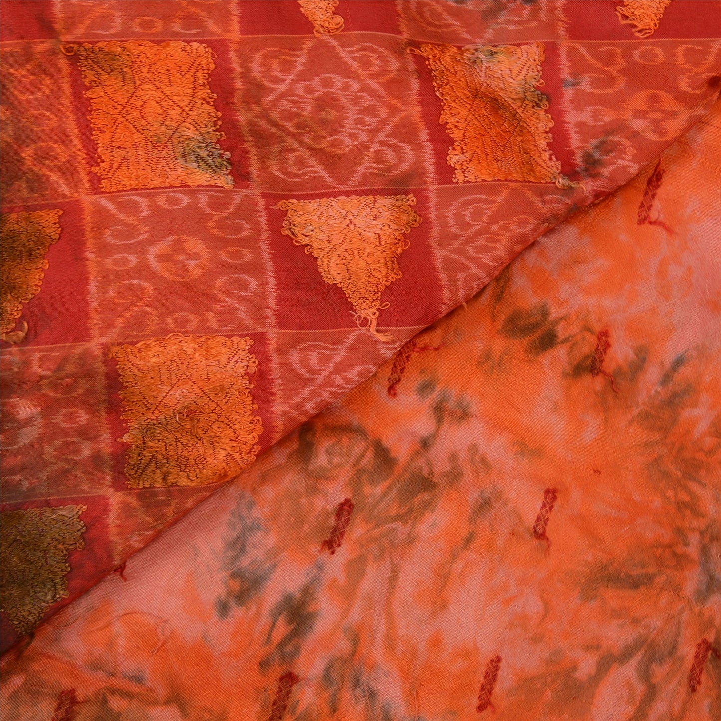 Sanskriti Vintage Orange Sarees Pure Silk Woven Ikat & Tie-Dye Sari 5 YD Sustainable Fabric