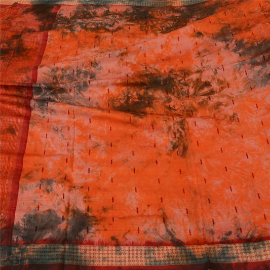 Sanskriti Vintage Orange Sarier Ren Silke Vævet Ikat & Tie-Dye Sari 5 Yards Bæredygtigt Stof