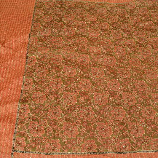 Sanskriti Vintage Peach/Green Sarees Pure Silk Hand Beaded Premium Sari Sustainable Fabric