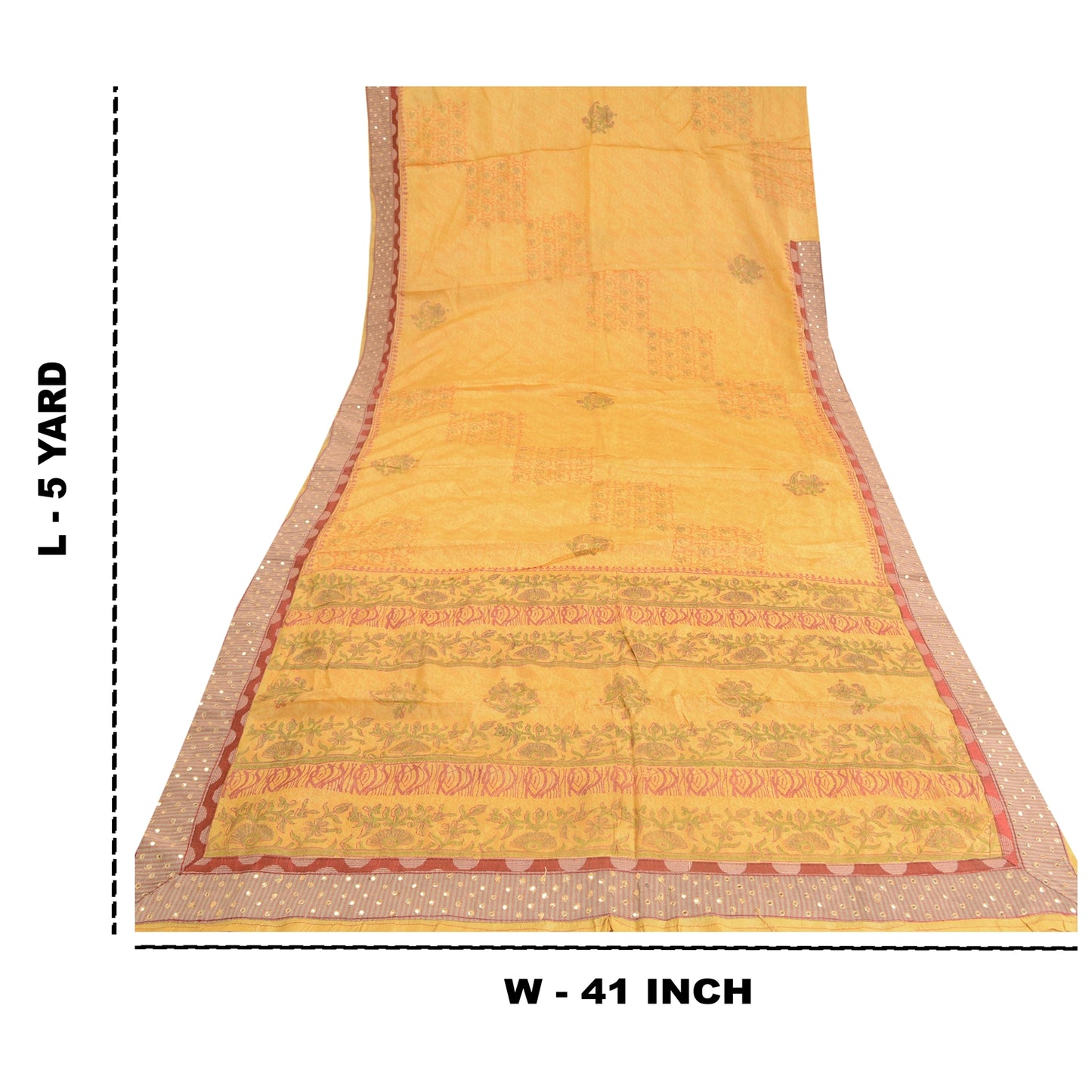 Sanskriti Vintage Yellow Sarees Pure Silk Hand-Block Printed Sari Craft Sustainable Fabric