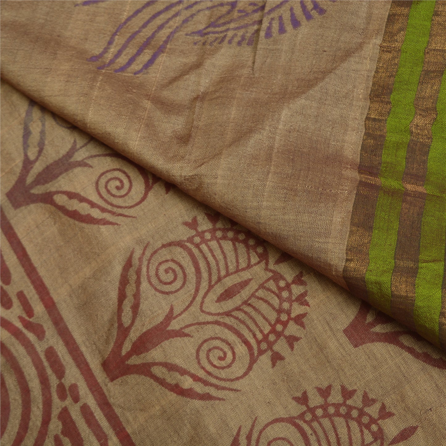 Sanskriti Vintage Brown Sarees Cotton Silk Hand-Block Printed Woven Sari Sustainable Fabric