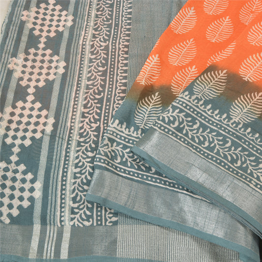 Sanskriti Vintage Orange/Grey Sarees Pure Cotton Hand-Block Printed Sari Sustainable Fabric