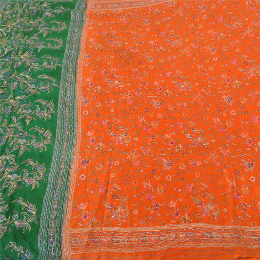 Sanskriti Vintage Green/Orange Sarees Pure Silk Hand Beaded Premium Sari Sustainable Fabric