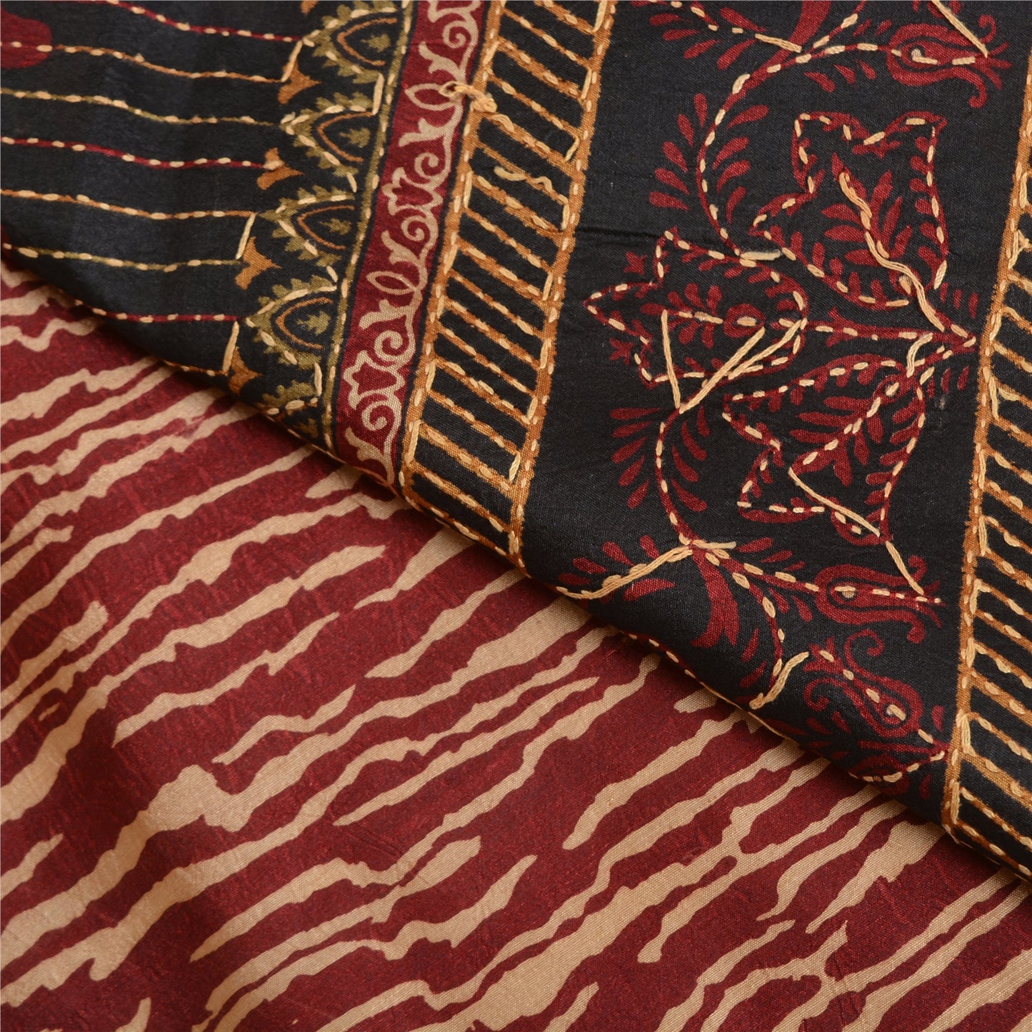 Sanskriti Vintage Red/Black Sarees Pure Silk Hand Beaded Kantha Sari Sustainable Fabric