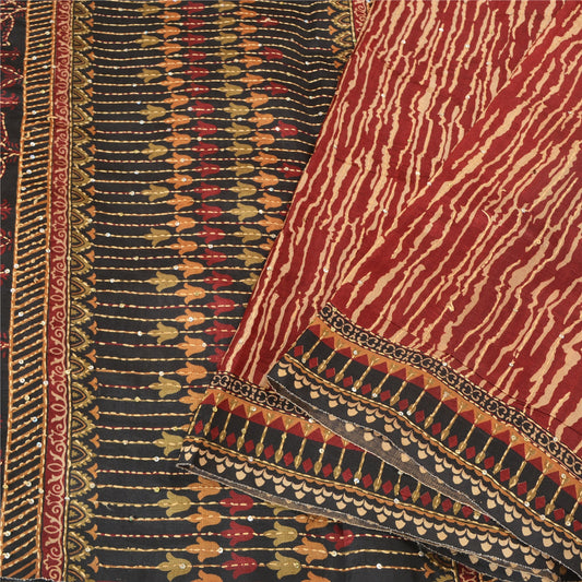 Sanskriti Vintage Red/Black Sarees Pure Silk Hand Beaded Kantha Sari Sustainable Fabric