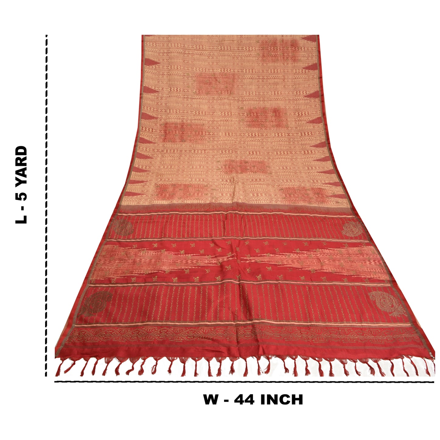 Sanskriti Vintage Cream/Dark Red Sarees Pure Silk Block Printed Sari Sustainable Fabric